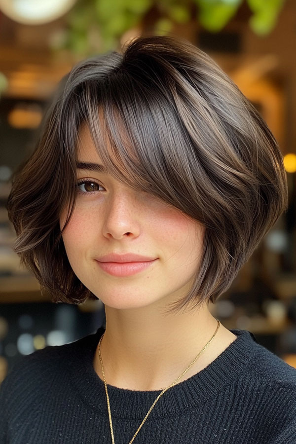 Textured Layered Bob with Side-Swept Fringe, cute short haircut, short hairstyle