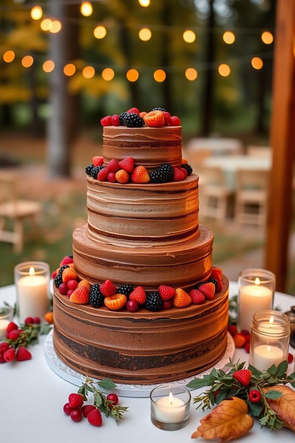 Four-Tiered Rustic Chocolate Cake with Berries, autumn wedding cake, fall wedding cake