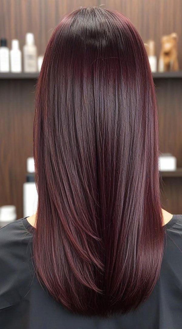 Deep Burgundy Sleek Long Hair, autumn hair colour shades, fall hair color