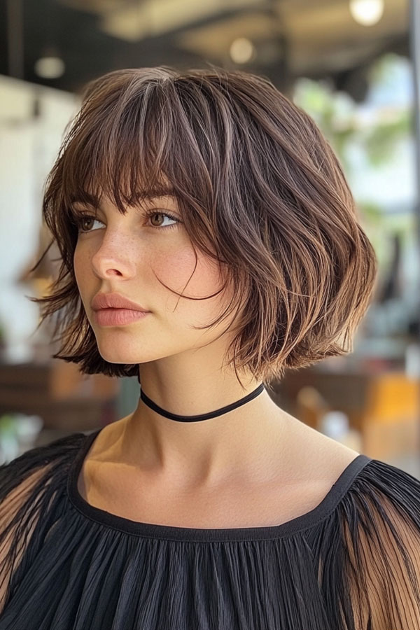 35 Effortless Chic Bob Hairstyles : Chic Rich Brunette Tousled Bob with Fringe