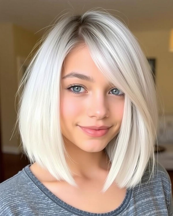 25 Chic Icy Platinum Long Bob Hairstyles : Classic Lob with a Soft Side Part