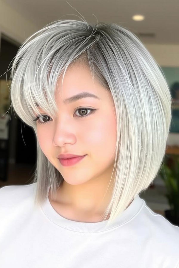 25 Chic Icy Platinum Long Bob Hairstyles : Chic Asymmetrical Silver Bob