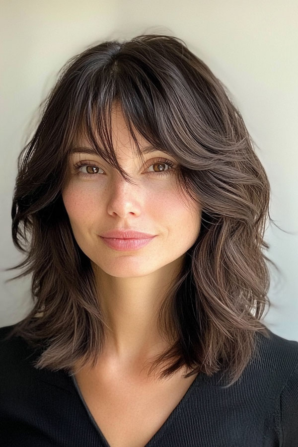 50 Effortless Shag Haircuts To Rock : Natural Brunette Shag with Soft Waves