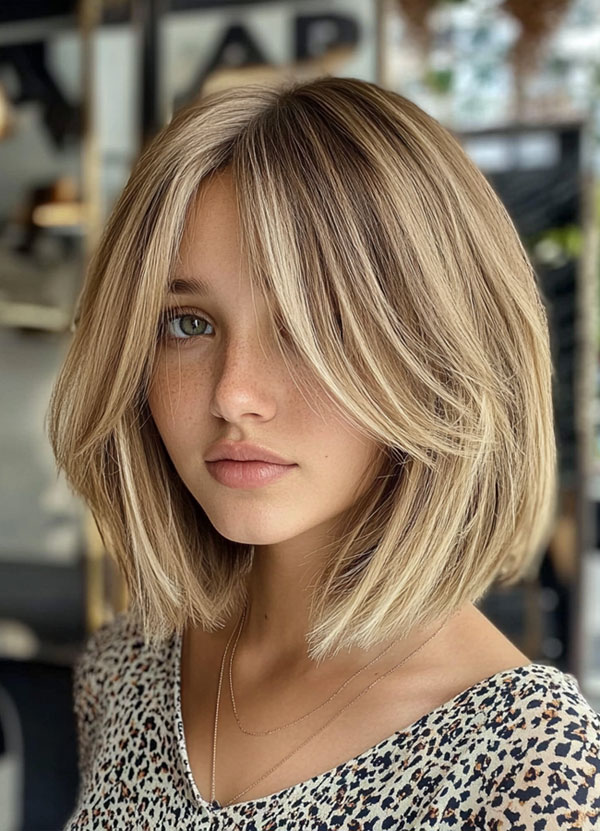 Layered Bob Haircut, Blonde Textured Bob with Curtain Bangs