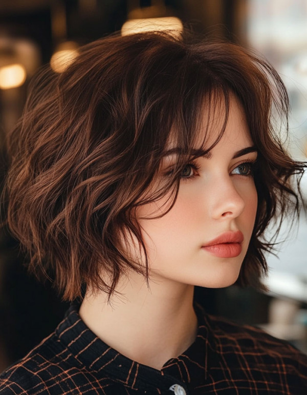 35 Effortless Chic Bob Hairstyles : Romantic Wavy Bob with Wispy Bangs