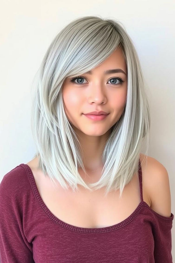 Icy Silver Ash Lob with Side-Swept Bangs, Icy Platinum Long Bob Hairstyle