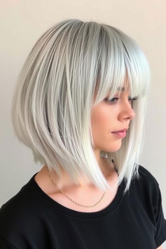 25 Chic Icy Platinum Long Bob Hairstyles : Sleek Silver Bob with Soft ...