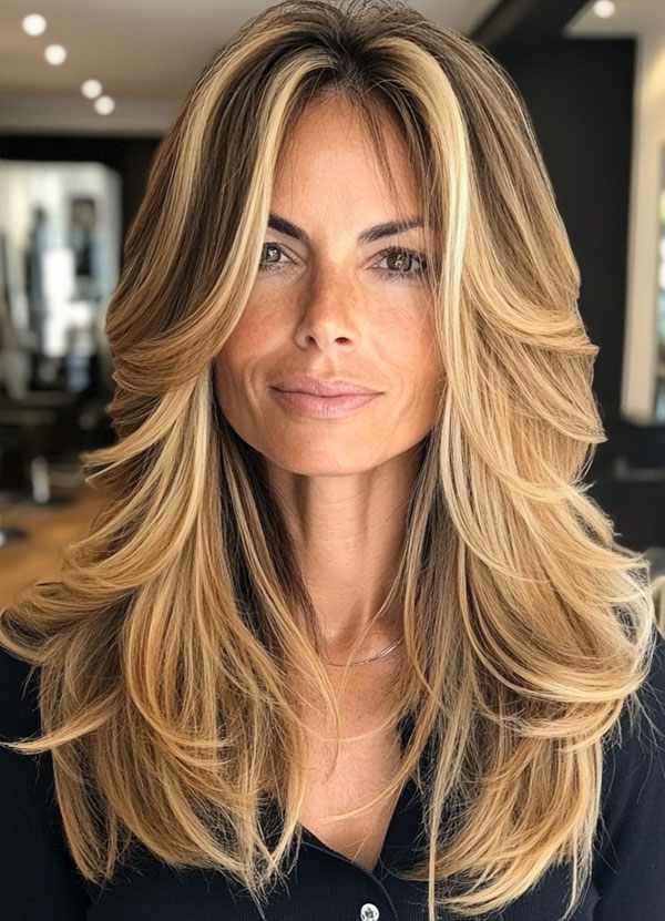 32 Layered Haircuts For Over 40 : Bold Blonde Layers with Curtain Bangs