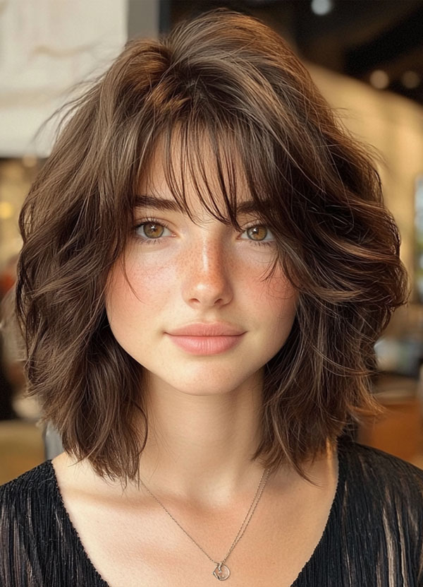 50 Effortless Shag Haircuts To Rock : Soft Brunette Shag with Wispy Bangs