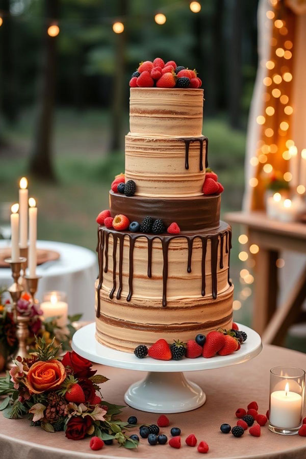 Rustic Chocolate Cake with Berries, wedding cake, wedding cake trends