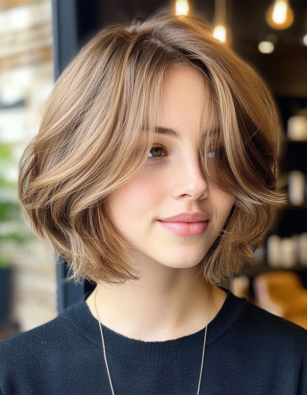 40 Layered Bob Haircuts to Try Now : Soft Wavy Bob with Side-Swept Bangs