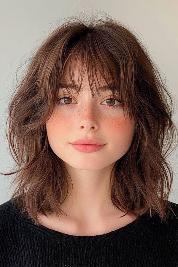 50 Effortless Shag Haircuts To Rock : Soft Chestnut Shag with Wispy Bangs