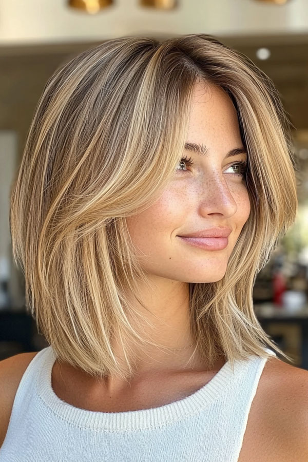 40 Layered Bob Haircuts to Try Now : Sunlit Blonde Long Bob with Soft Layers