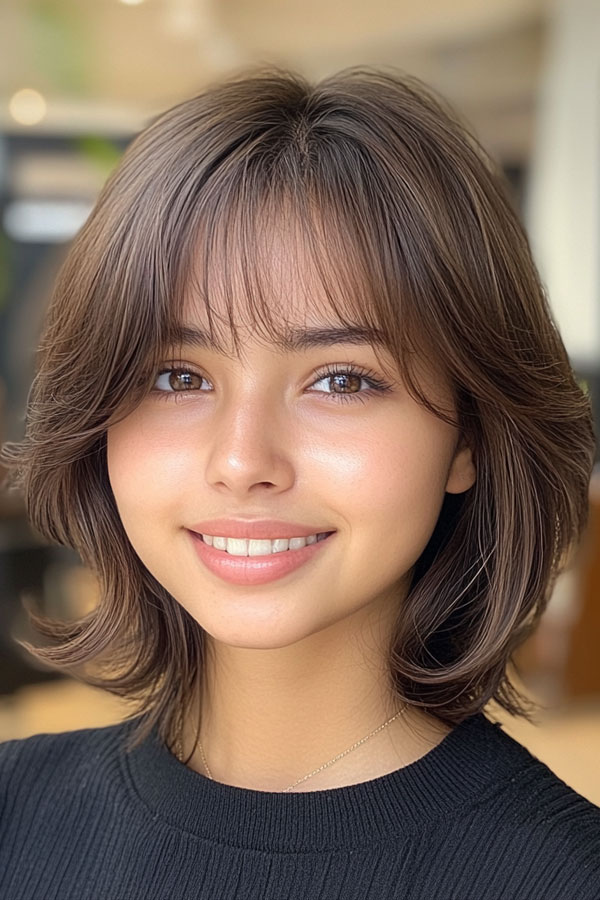 35 Effortless Chic Bob Hairstyles : Flipped Ends Bob with Wispy Bangs