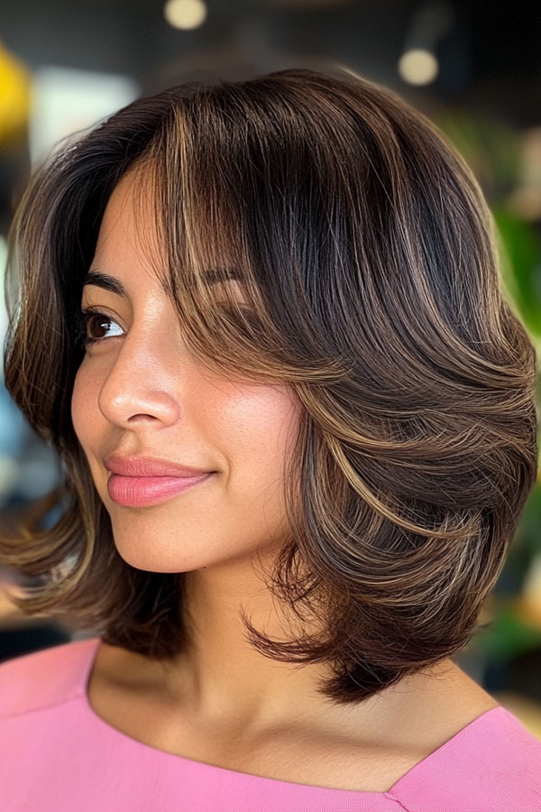 40 Layered Bob Haircuts to Try Now : Deep Brunette Layered Bob with Highlights