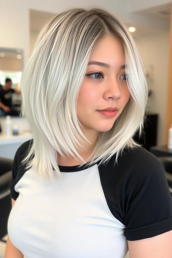 Layered Lob with Dark Roots, Icy Platinum Long Bob Hairstyle