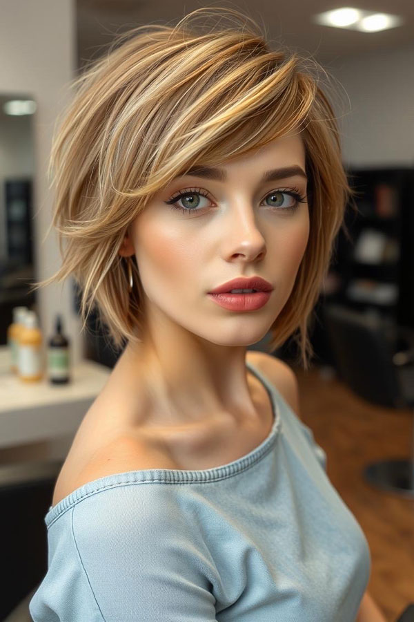 35 Effortless Chic Bob Hairstyles : Chic Layered Bob with Side-Swept Bangs