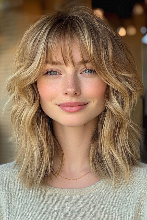 Shoulder-Length Modern Shag with Wispy Bangs