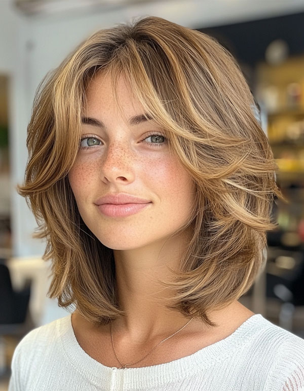 40 Layered Bob Haircuts to Try Now : Caramel Layered Bob with Feathered Ends