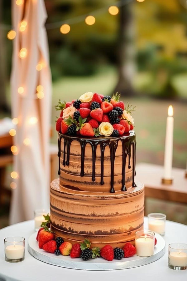 Berry-Topped Chocolate Drip Cake, Chocolate Cake, autumn wedding cake, fall wedding cake