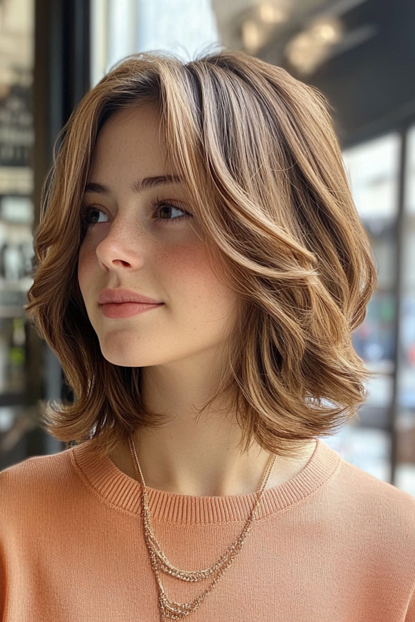 Layered Bob Haircut, Soft Textured Bob with Warm Brunette Tones