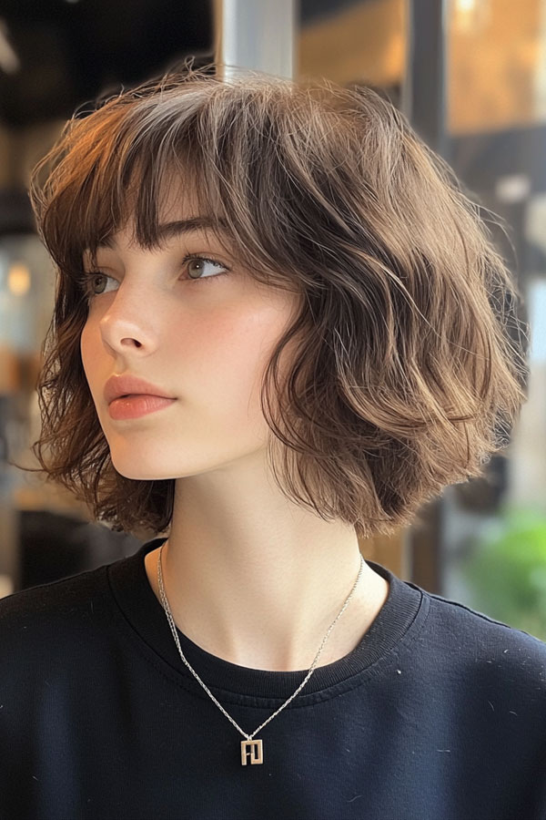 Soft Curled Bob with Full Bangs, Chic Bob Hairstyle