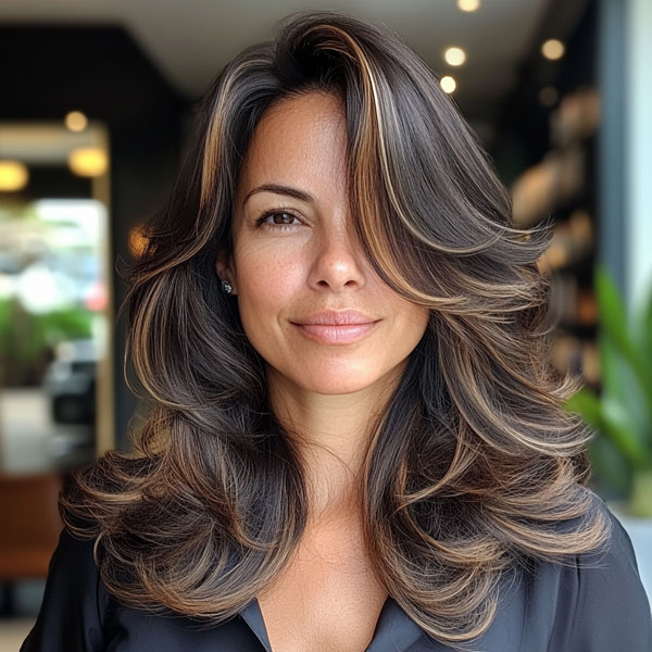 32 Layered Haircuts For Over 40 : Dark Brunette with Golden Highlights