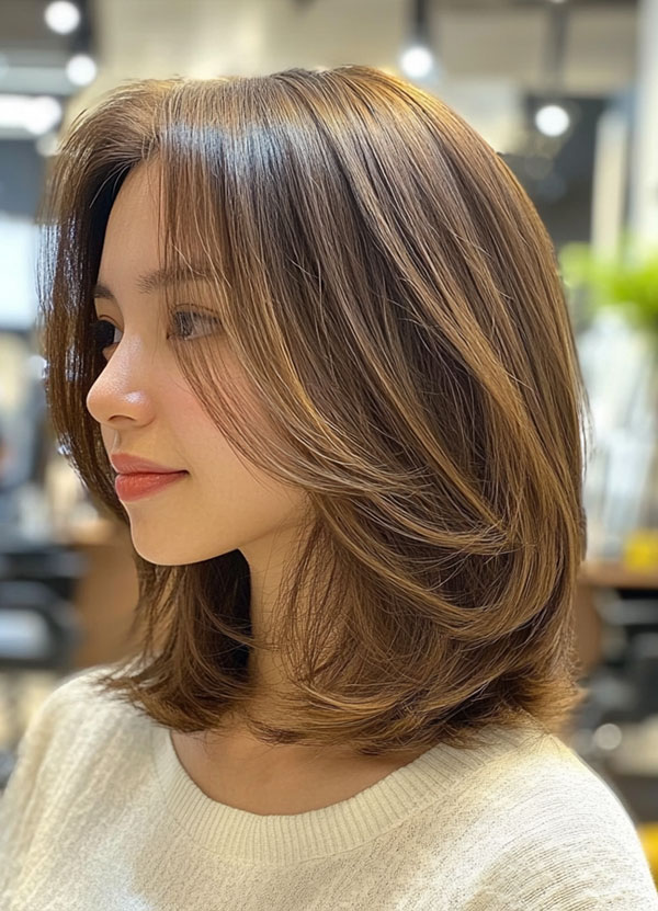 Layered Bob Haircut, Rich Chestnut Layered Bob with Subtle Waves