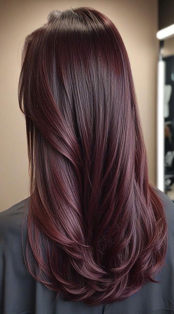 Rich Deep Plum Long Hair, autumn hair colour shades, fall hair color