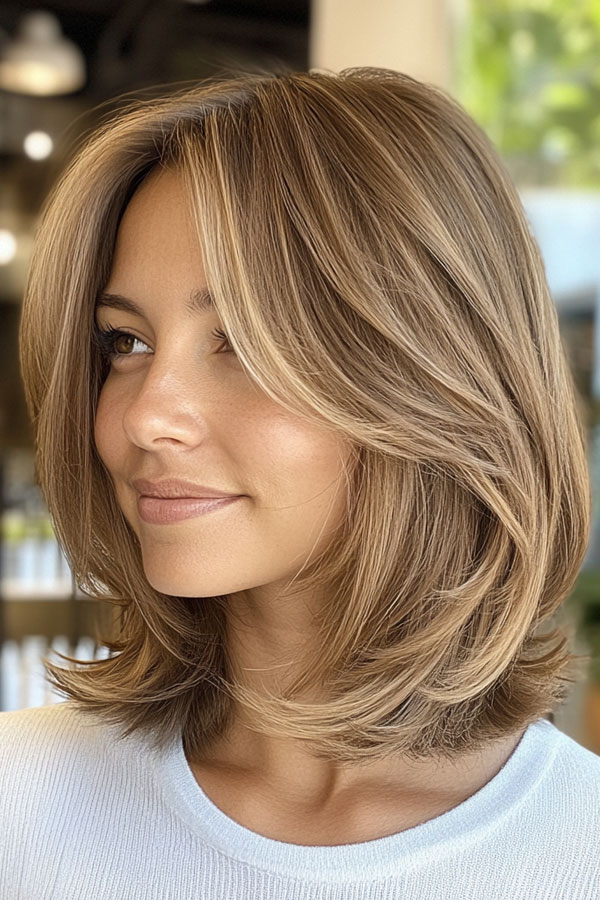 40 Layered Bob Haircuts to Try Now : Caramel Layered Bob with Face-Framing Layers