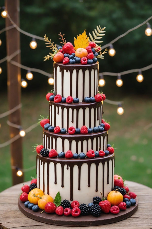 Autumnal Berry and Chocolate Drip Cake, wedding cake trend, wedding cake