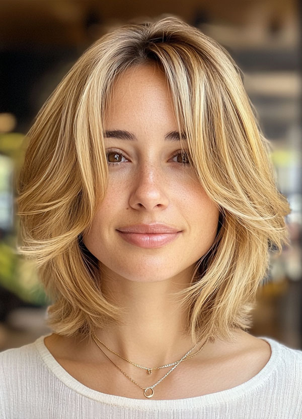 40 Layered Bob Haircuts to Try Now : Golden Blonde Layered Bob with Curtain Bangs