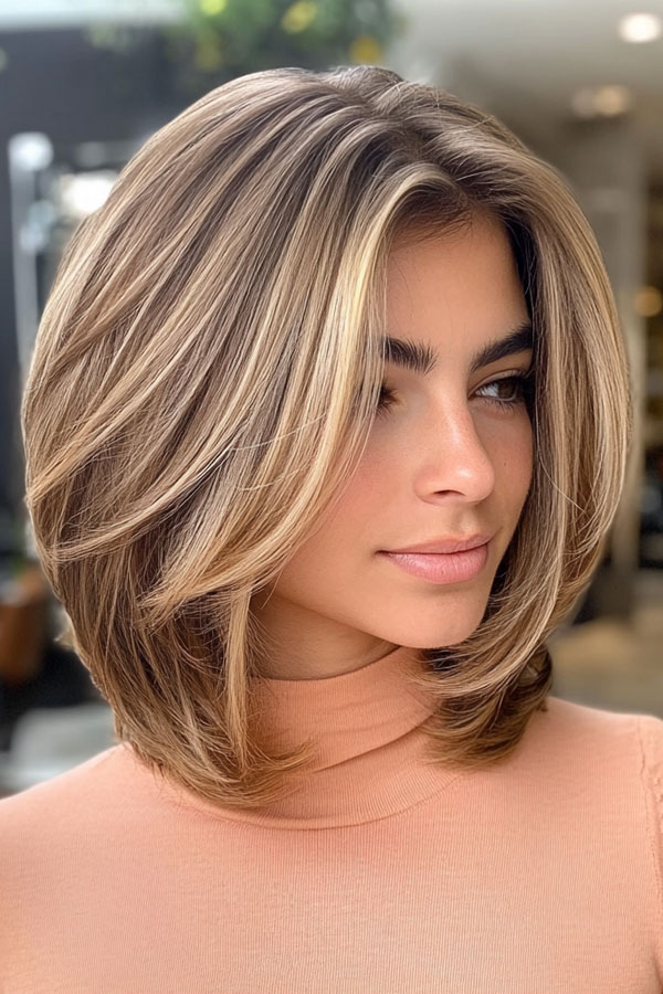 Layered Bob Haircut, Voluminous Layered Lob with Honey Blonde Highlights