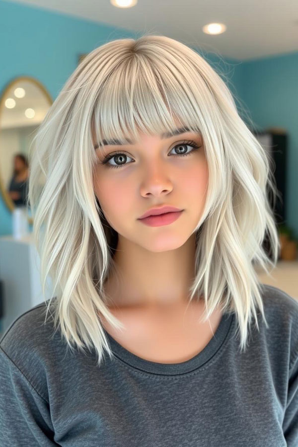 Textured Lob with Wispy Bangs, Icy Platinum Long Bob Hairstyle