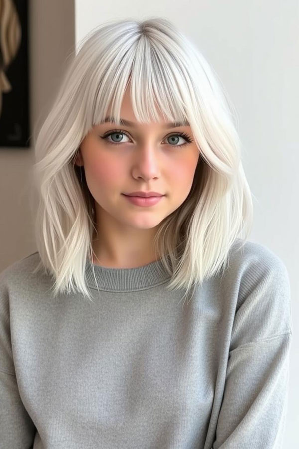 25 Chic Icy Platinum Long Bob Hairstyles : Soft Wave Platinum Lob with Wispy Fringe