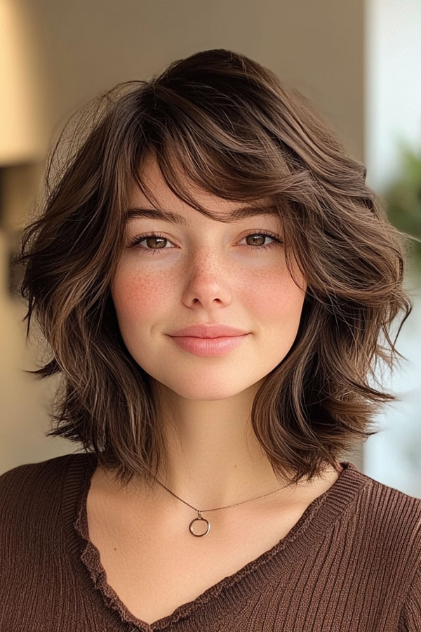 50 Effortless Shag Haircuts To Rock : Soft Brunette Shag with Gentle Waves