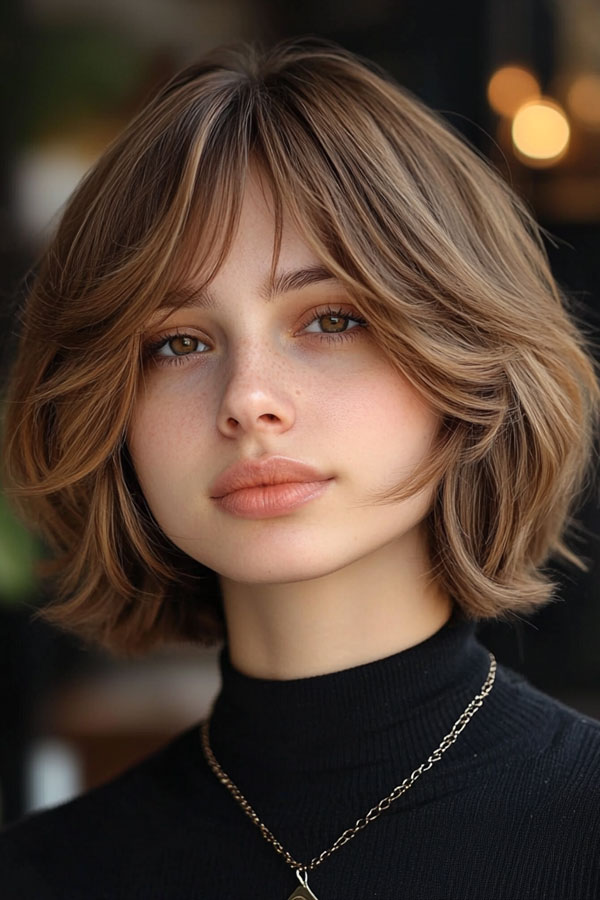 Layered Bob Haircut, Chic French Bob with Curtain Bangs