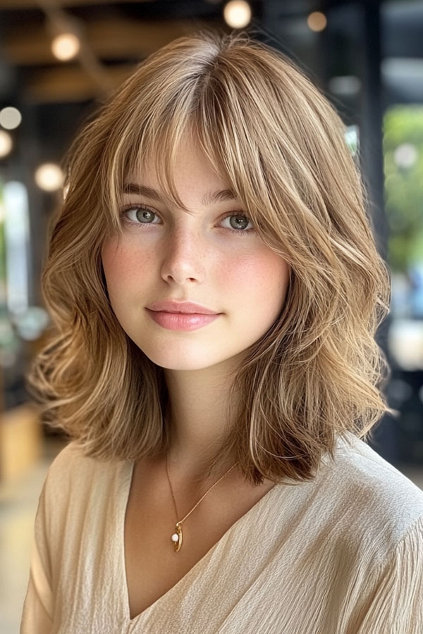 50 Effortless Shag Haircuts To Rock : Caramel Medium-Length with Curtain Bangs