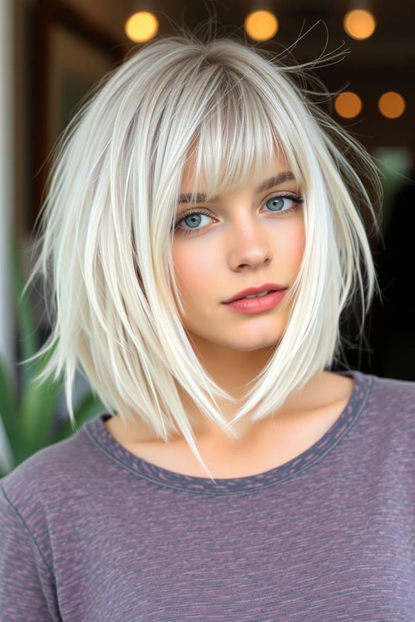 Choppy Lob with Feathered Bangs, Icy Platinum Long Bob Hairstyle