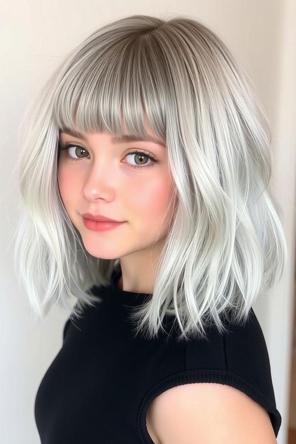 Soft Waves with Blunt Bangs, Icy Platinum Long Bob Hairstyle