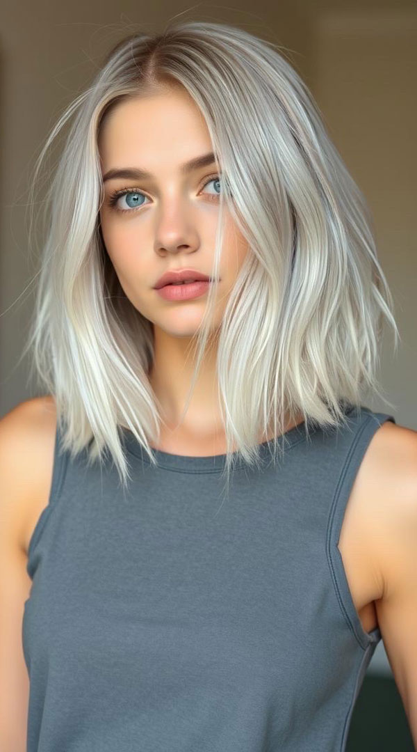 Effortless Tousled Icy-Silver Lob, Icy Platinum Long Bob Hairstyle