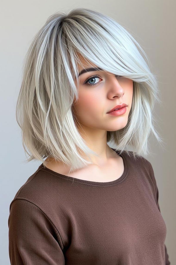 25 Chic Icy Platinum Long Bob Hairstyles : Sleek Platinum Asymmetrical Lob