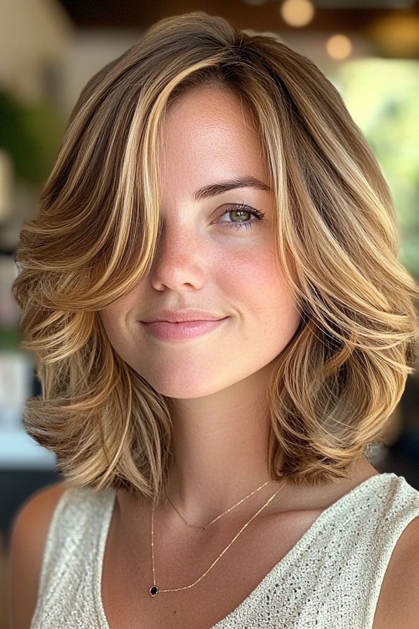 40 Layered Bob Haircuts to Try Now : Textured Honey Blonde Lob with Soft Waves