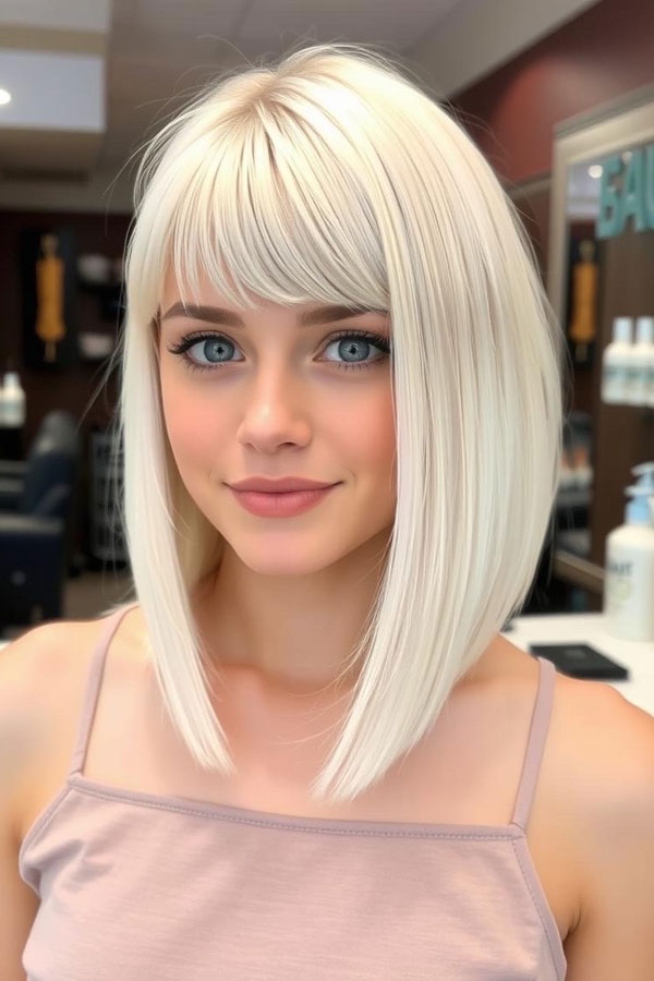 25 Chic Icy Platinum Long Bob Hairstyles : A-Line Bob with Baby Bangs