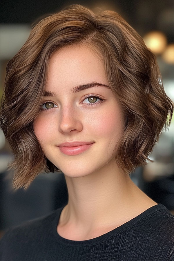 Medium Brown Soft Wavy Bob, Effortless Chic Bob Hairstyle