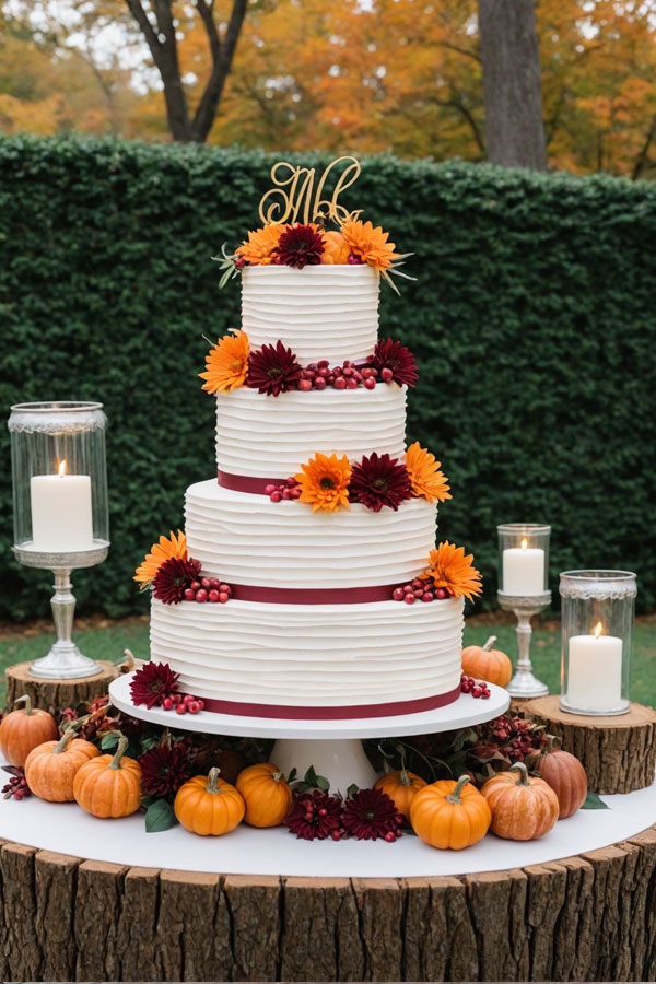 autumn harvest wedding cake, four-tier fall wedding cake, autumn wedding cake, fall wedding cake