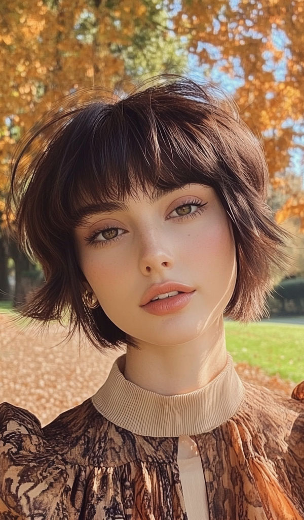 Brown Wispy Shag Cut with Soft Bangs, cute short haircut, short hairstyle