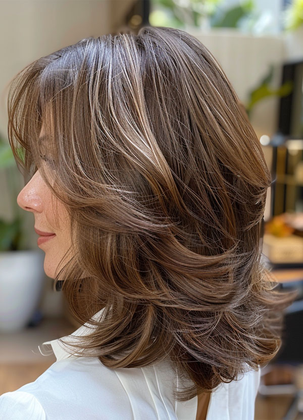 Chestnut Highlights, Mid-Length Layered Haircut