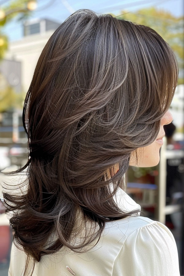 Sleek and Shiny Dark Layers, Mid-Length Layered Haircut