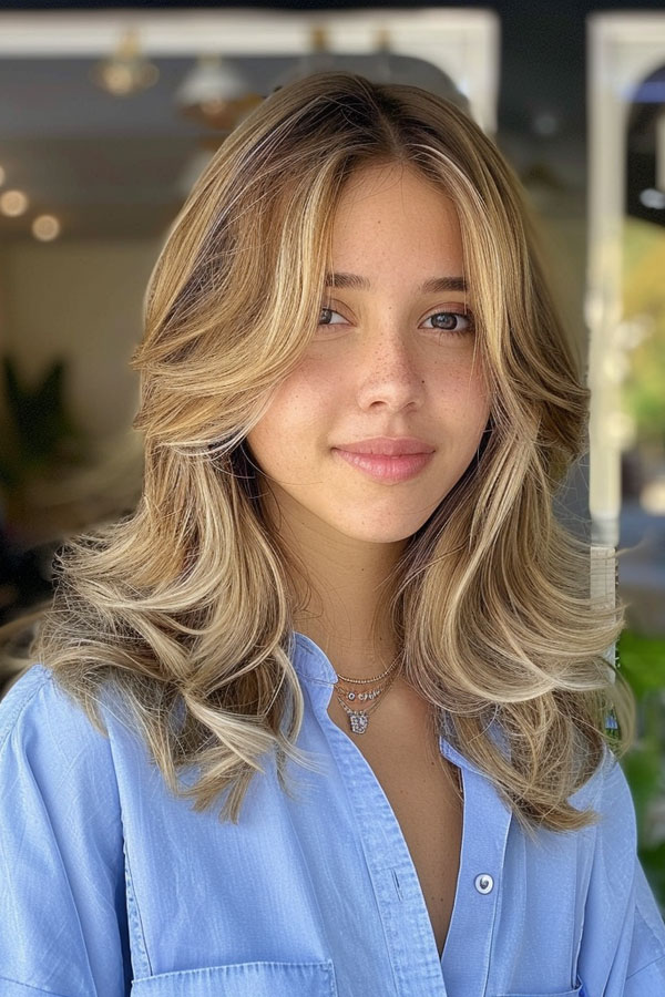 33 Mid-Length Layered Haircuts : Beachy Blonde Layers with Curtain Bangs